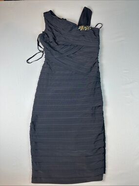 Xscape Asymmetric One-Shoulder Black Cocktail Dress Beaded Accent Size 4